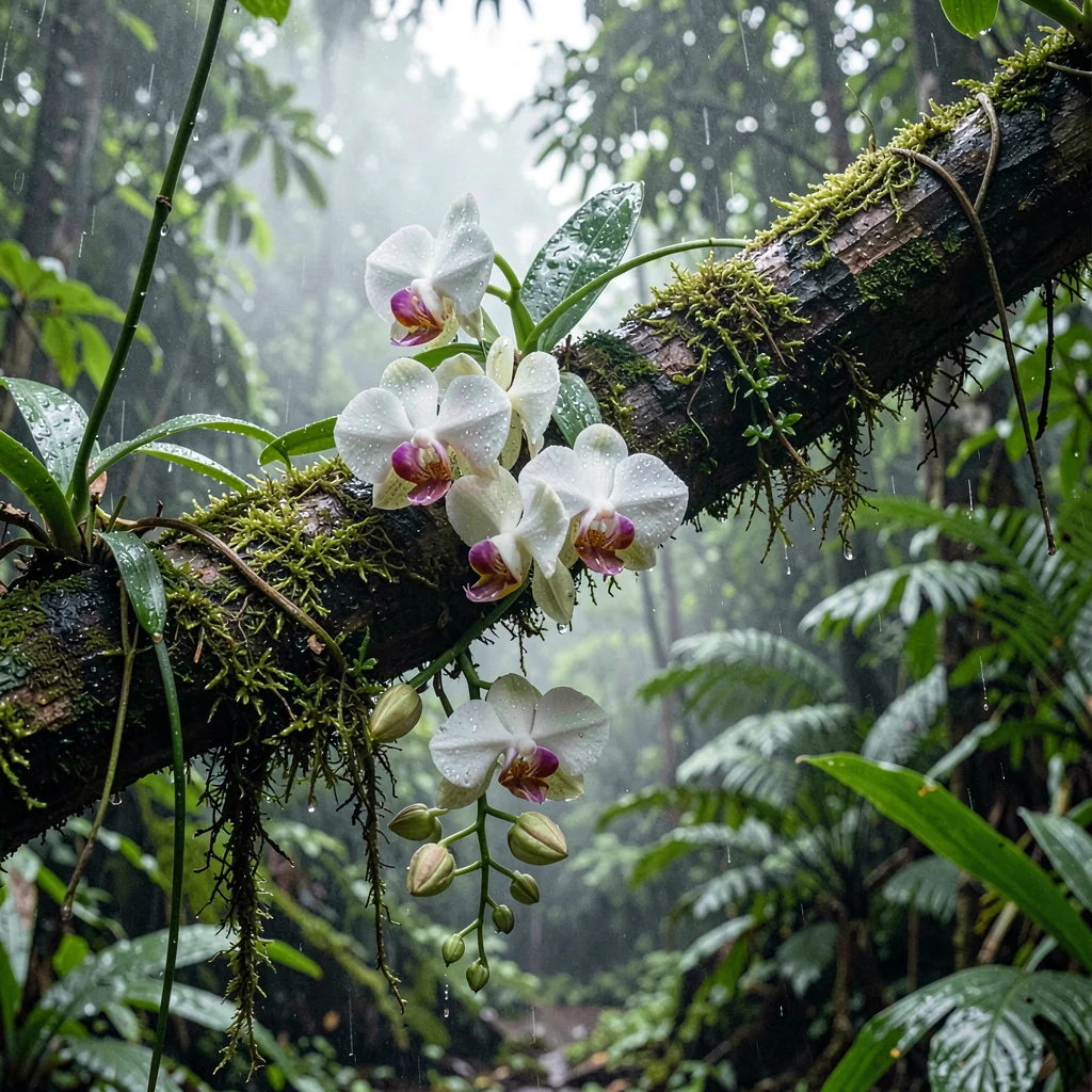Tropical rainforest photograph, humid jungle atmosphere, Orchids growing wild on