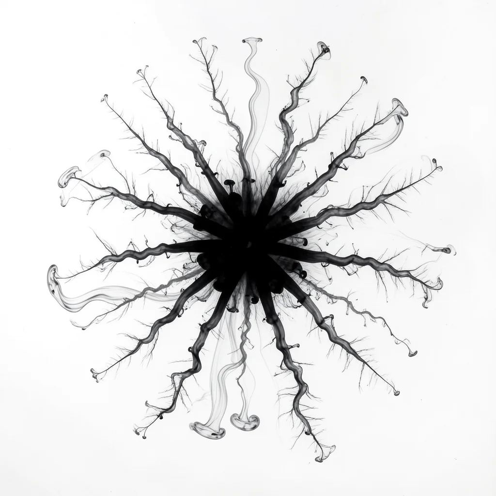 Single drop of black ink blooming in still water, symmetrical fractal tendrils e