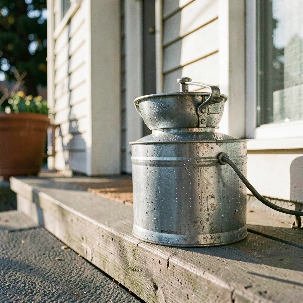 A tin ice-cream churn on a porch step at clear afternoon, condensation beading o