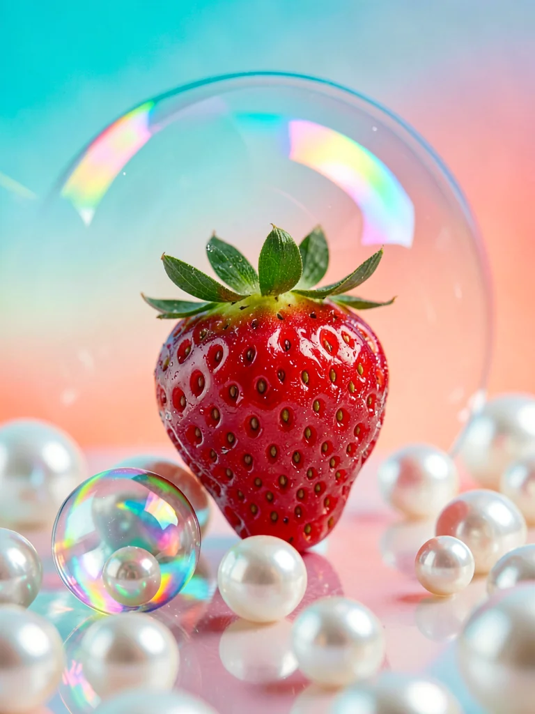 Wet-look glass strawberry shot in studio macro on a polished pearl floor with a 