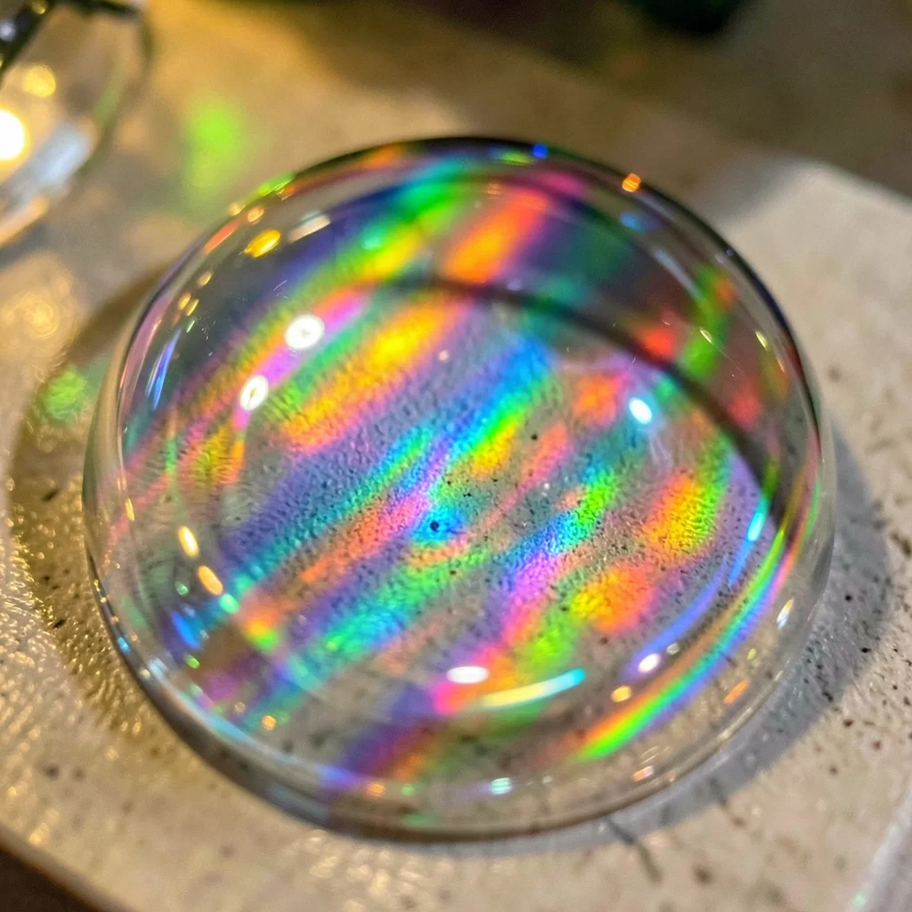 Soap bubble reflecting Christmas tree lights, thin-film interference rainbow
