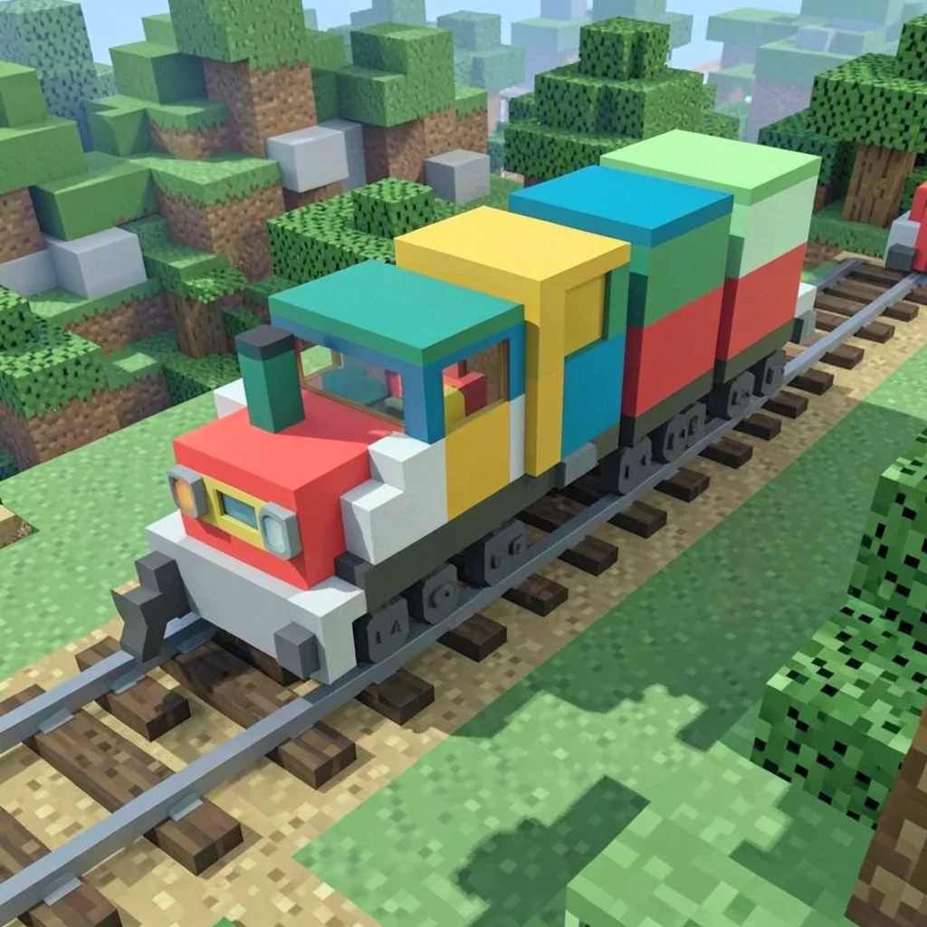Voxel 3D illustration, blocky train on tracks , cubic voxel construction, blocky
