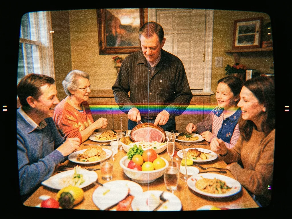 A family gathered around the Easter dinner table, someone standing to carve the 