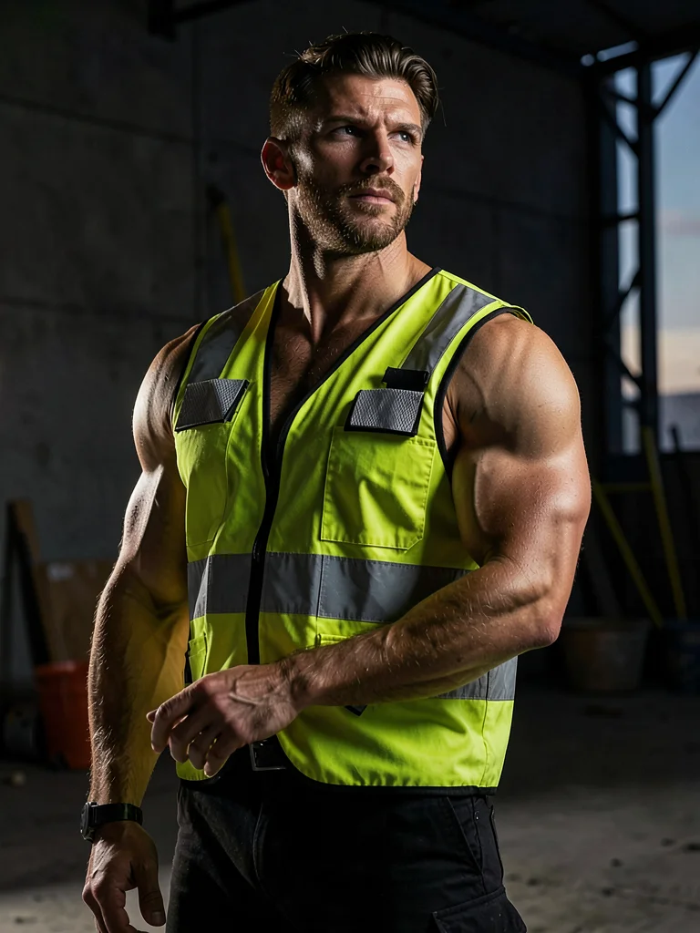 Hi-vis vest on muscular torso, dramatic side lighting, safety wear as haute cout