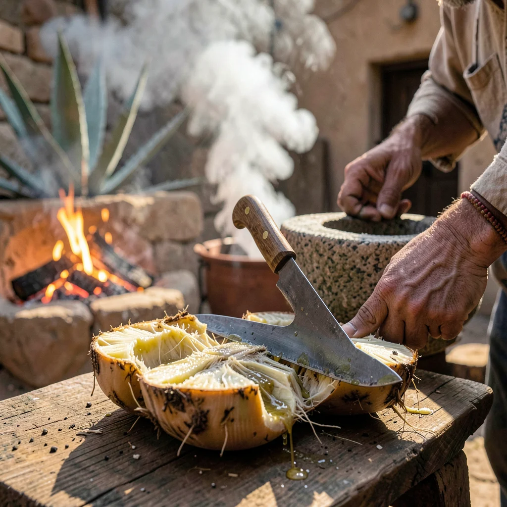Oaxacan mezcal process, palenque atmosphere, A machete resting on split agave he