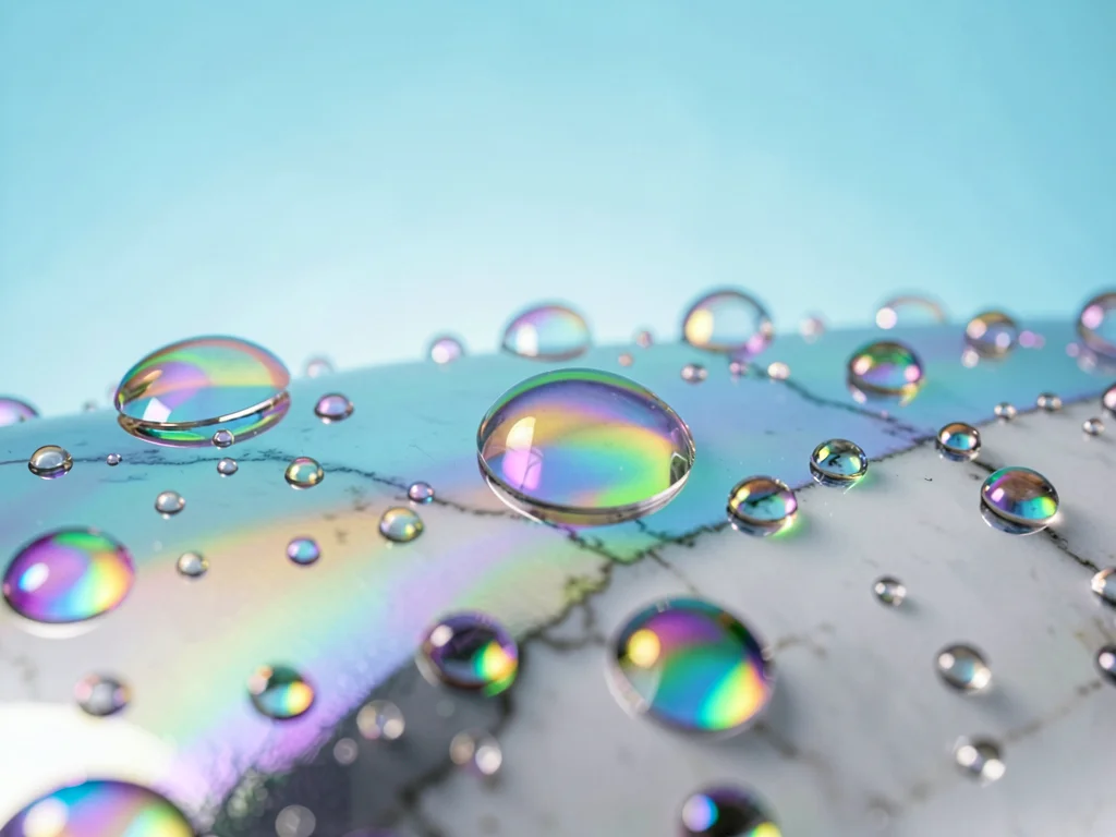Macro detail of dewdrops clinging to a polished chrome marble surface against a 