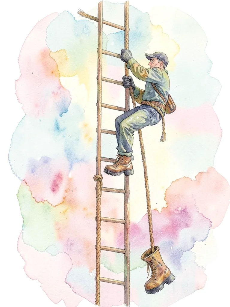 Solitary climber ascending an implied rope ladder, rope clenched in heavy gloves