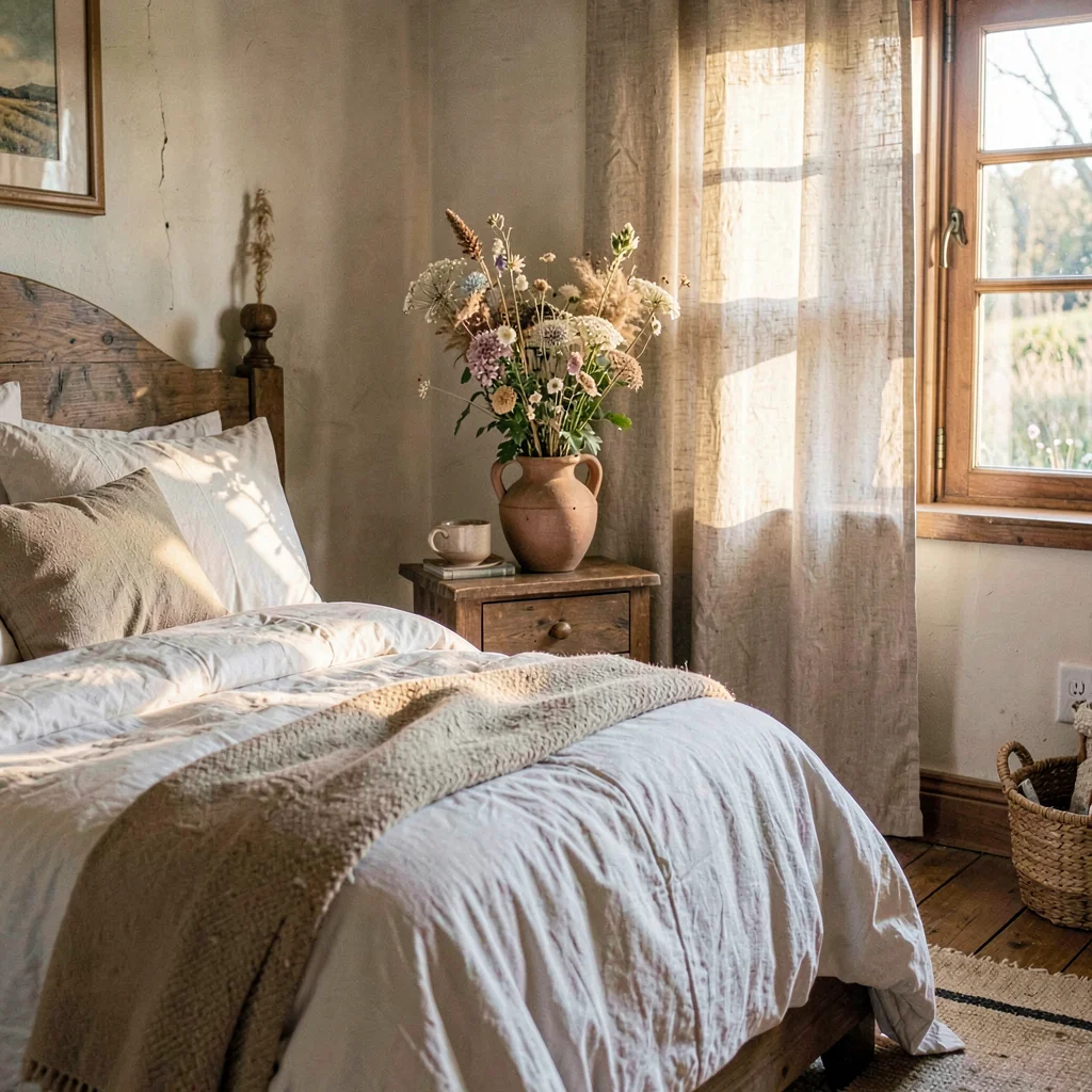 Cozy lifestyle photograph of a guest room in a rural farmhouse, fresh white line