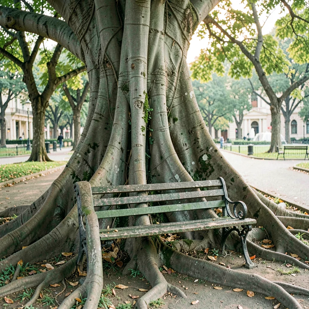 Recoleta park scene with sprawling rubber-tree roots wrapping a bench, warm gree