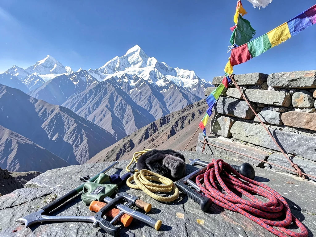 Sherpa climbing gear on stone