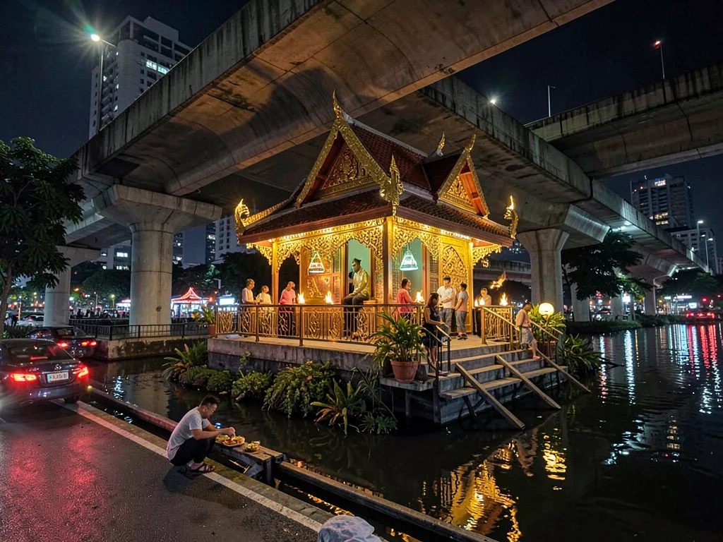 Spirit house under elevated highway lights
