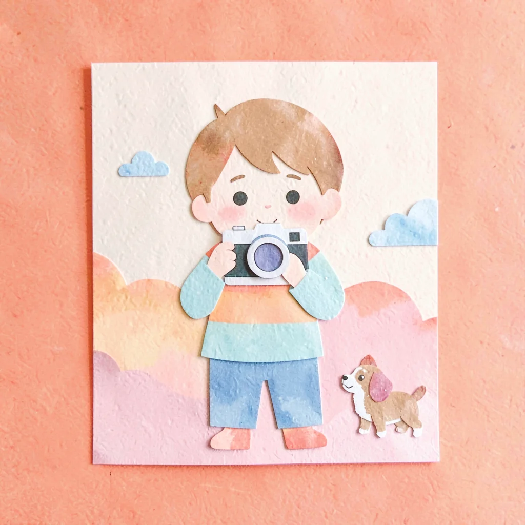 Cut-paper character of a kid holding a camera taking a photo of a tiny pup, chee
