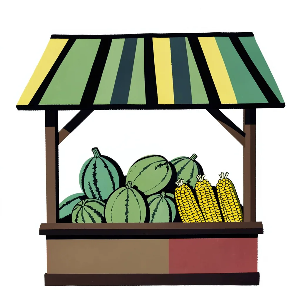 Farm stand with stacked melons and corn, bold overhead graphic arrangement