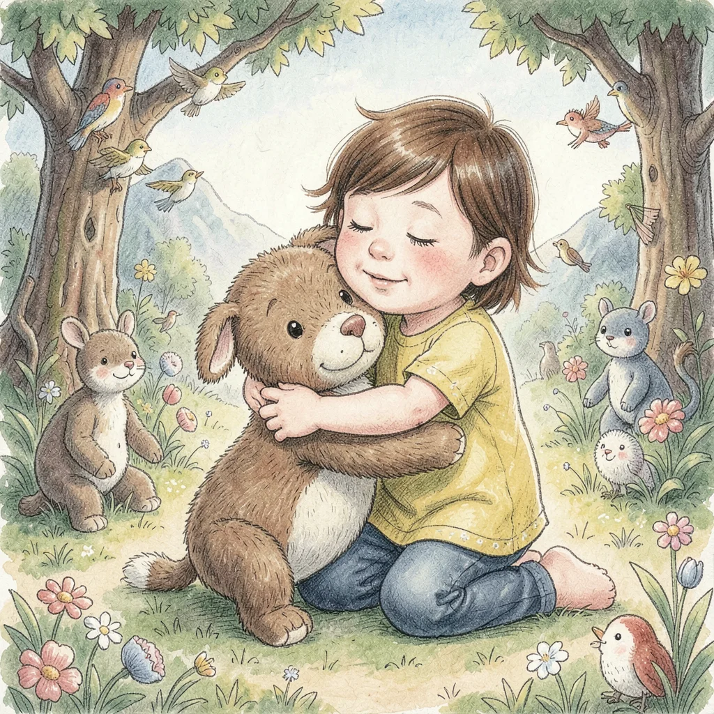 Child and stuffed animal hugging