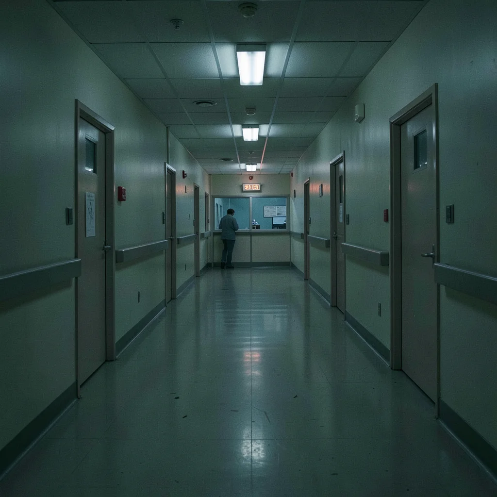 Hospital corridor at 3am with distant nurse station glow