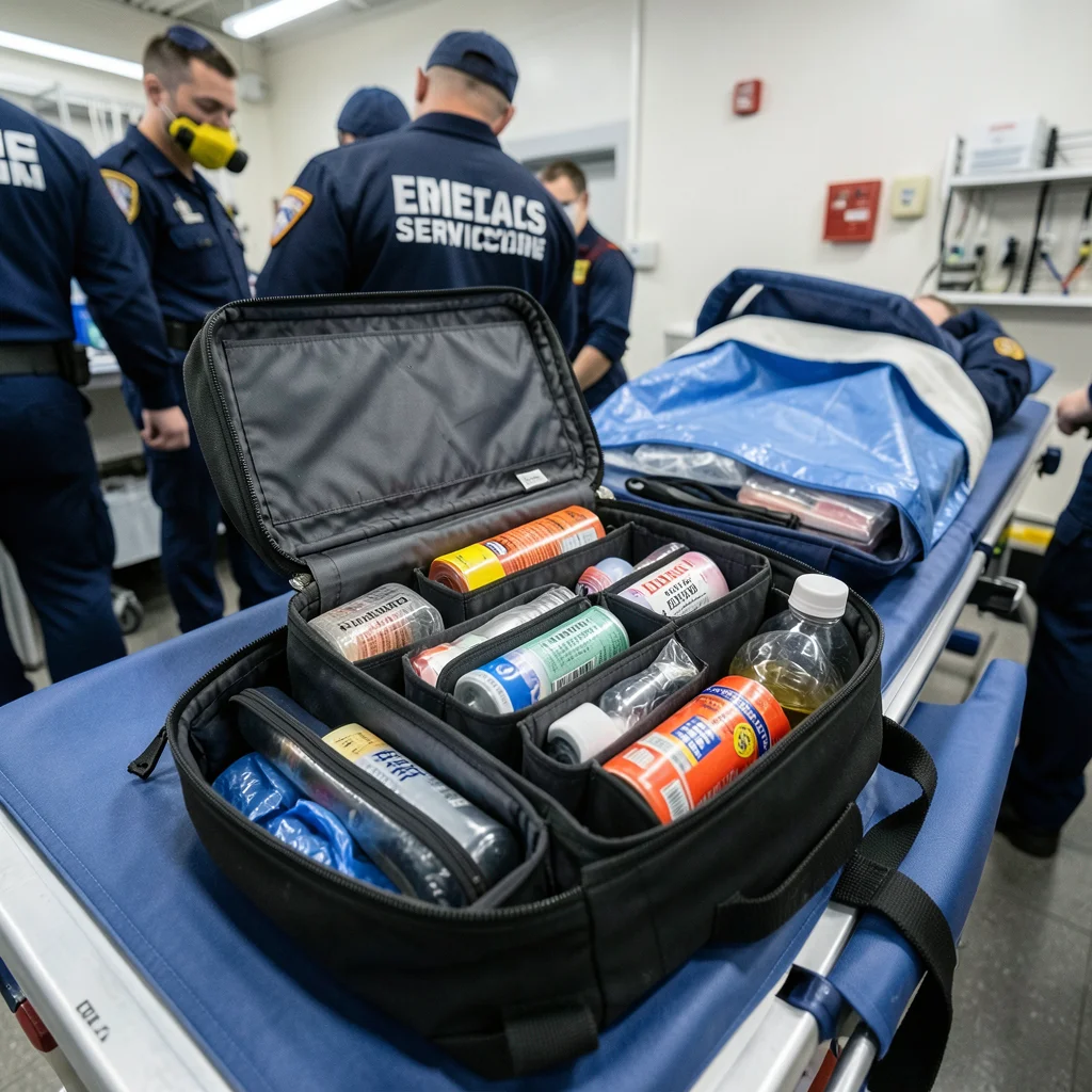 Medical bag open on a stretcher — organized kit with every compartment visible a
