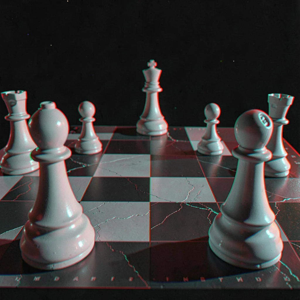 Anaglyphic stereo 3D photograph, Chess pieces on board from low angle, pawns in 