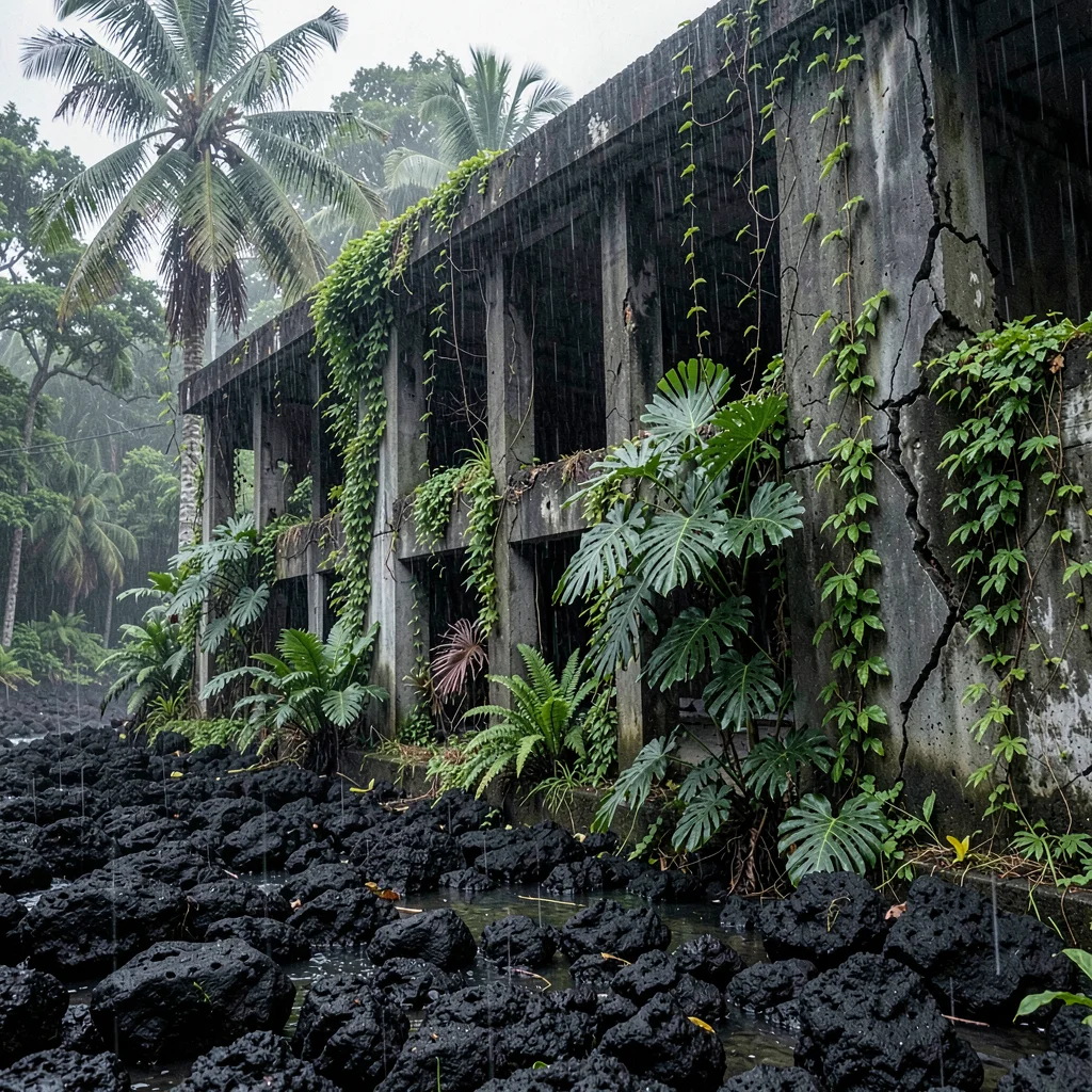 Stark black volcanic surfaces against verdant green, An abandoned building overt
