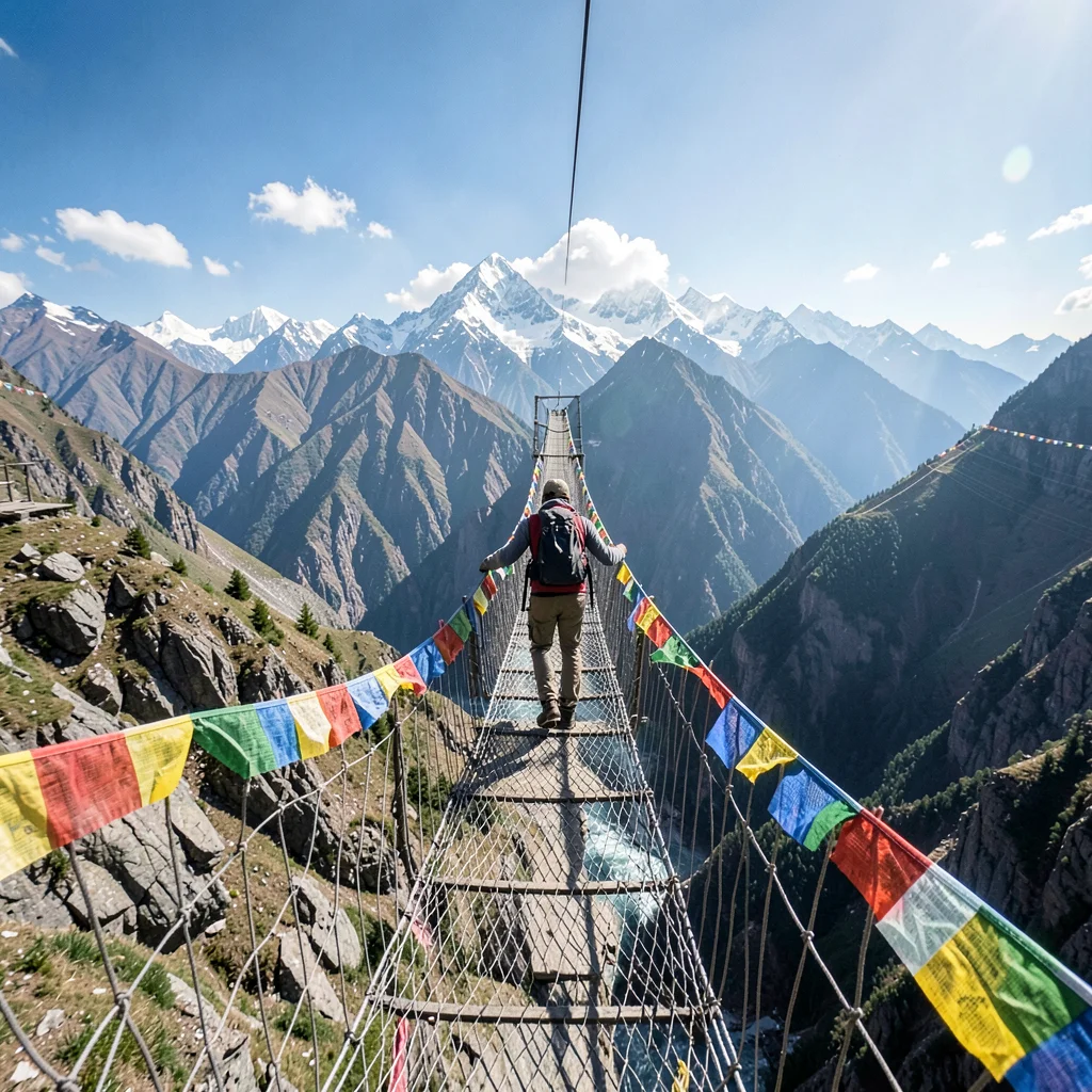 High altitude clarity of Kathmandu, Nepal, Suspension bridge over gorge, prayer 