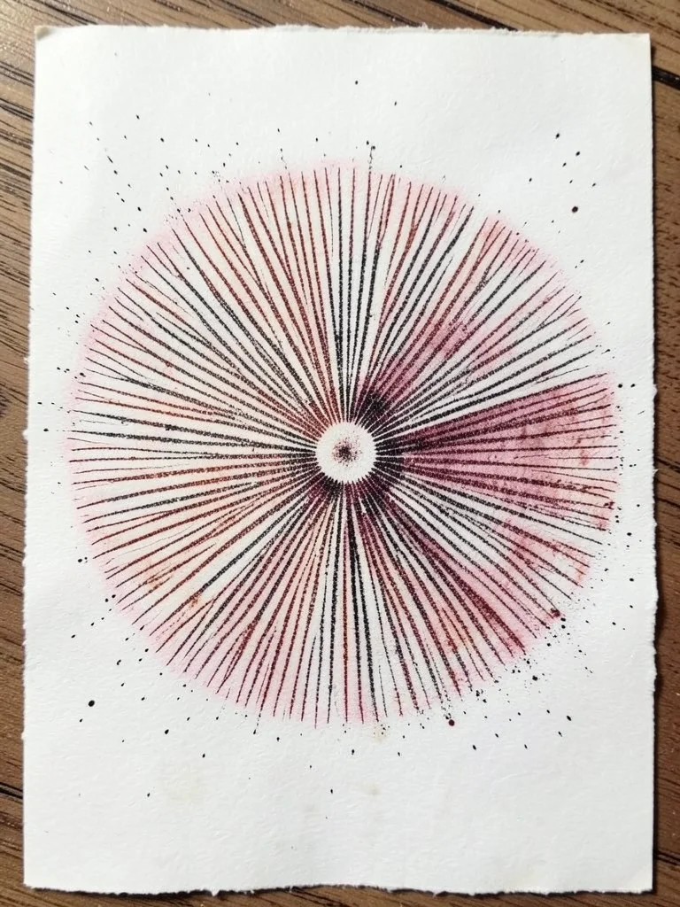 Spore print of spring mushroom on handmade paper, gifted botanical art