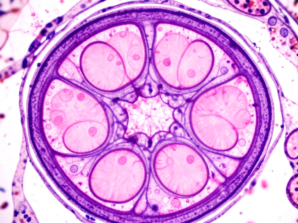 Cross-section of mammalian kidney stained H&E, glomeruli as pink circular struct