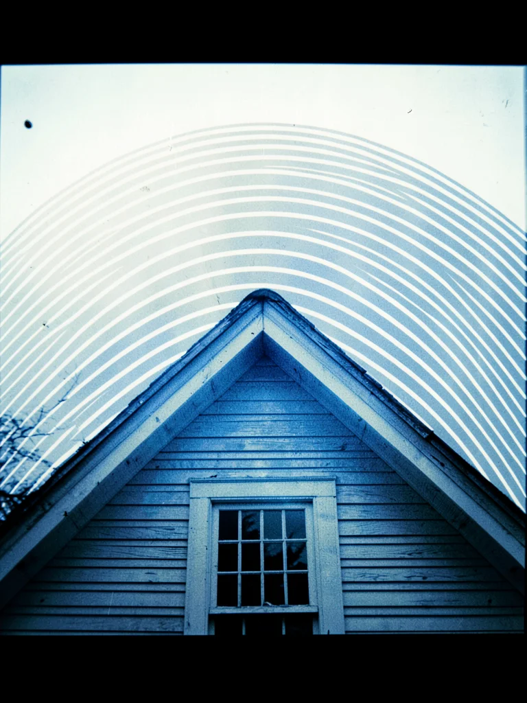 A farmhouse gable end — sun arcs crossing above the peaked roof over months