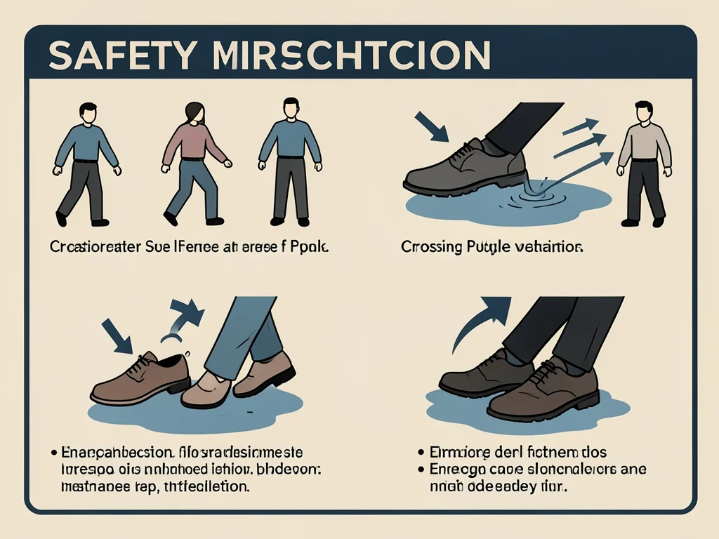 An instructional panel for crossing a puddle in dress shoes showing four techniq