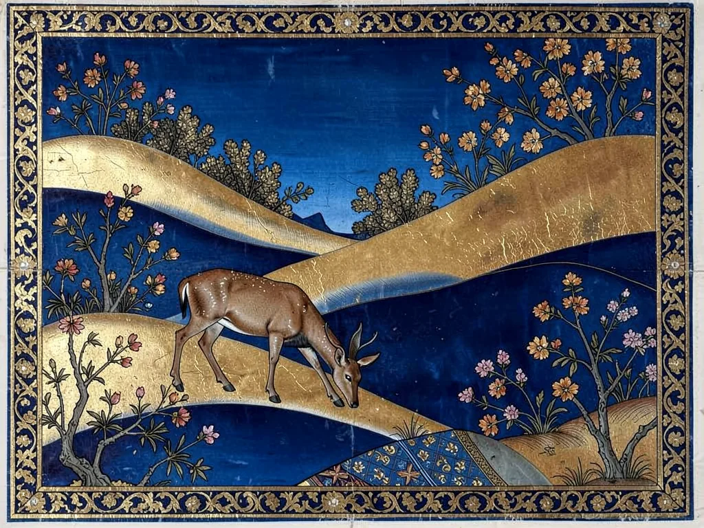 Deer grazing in a stylized landscape of sinuous hills and flowering shrubs