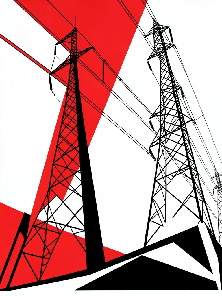 Power transmission lines and pylons, angular forms against a white ground