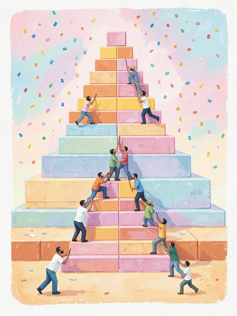 Pyramid-build gouache composition of small workers carrying pixel-like tiles up 