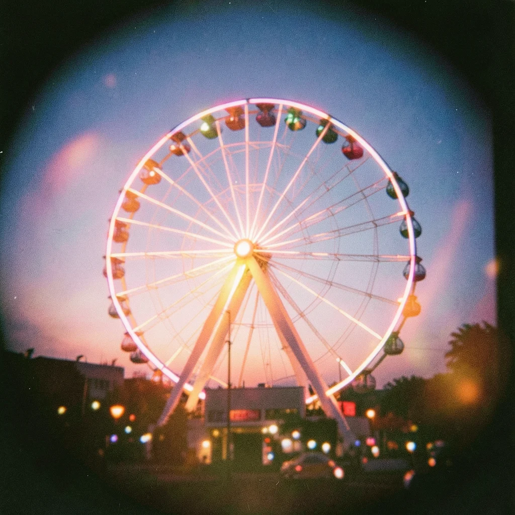 A ferris wheel against twilight sky, the neon lights smeared into soft halos by 