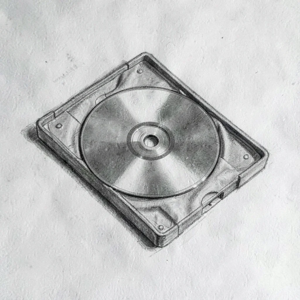 Charcoal study of a single CD lying half out of its case on a worn ledger, singl
