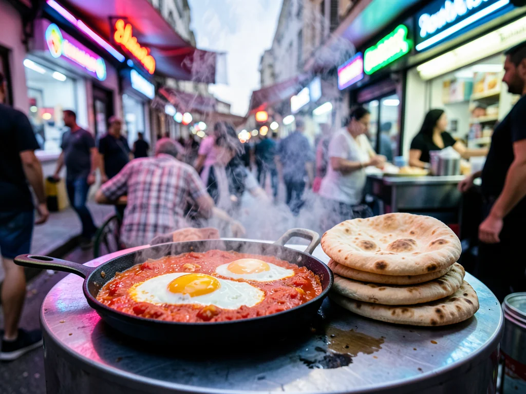 A shakshuka pan on a street cart in Tel Aviv, eggs poaching in tomato sauce, fre