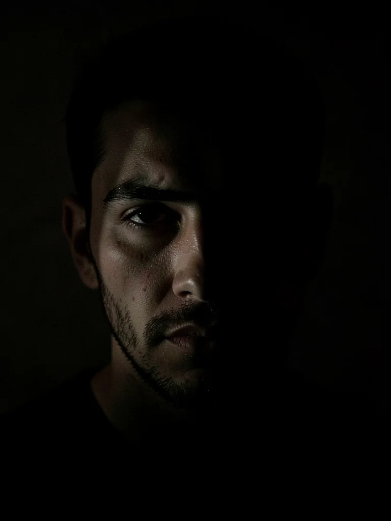 Half-face portrait emerging from shadow
