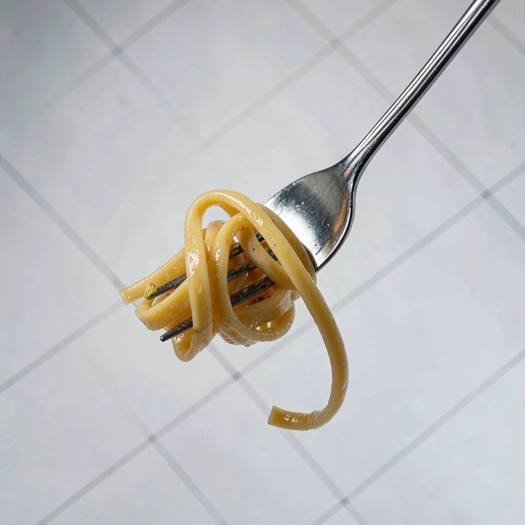 Square IG-grid shot of a fork twirling glossy pasta against a pale-grey lightbox