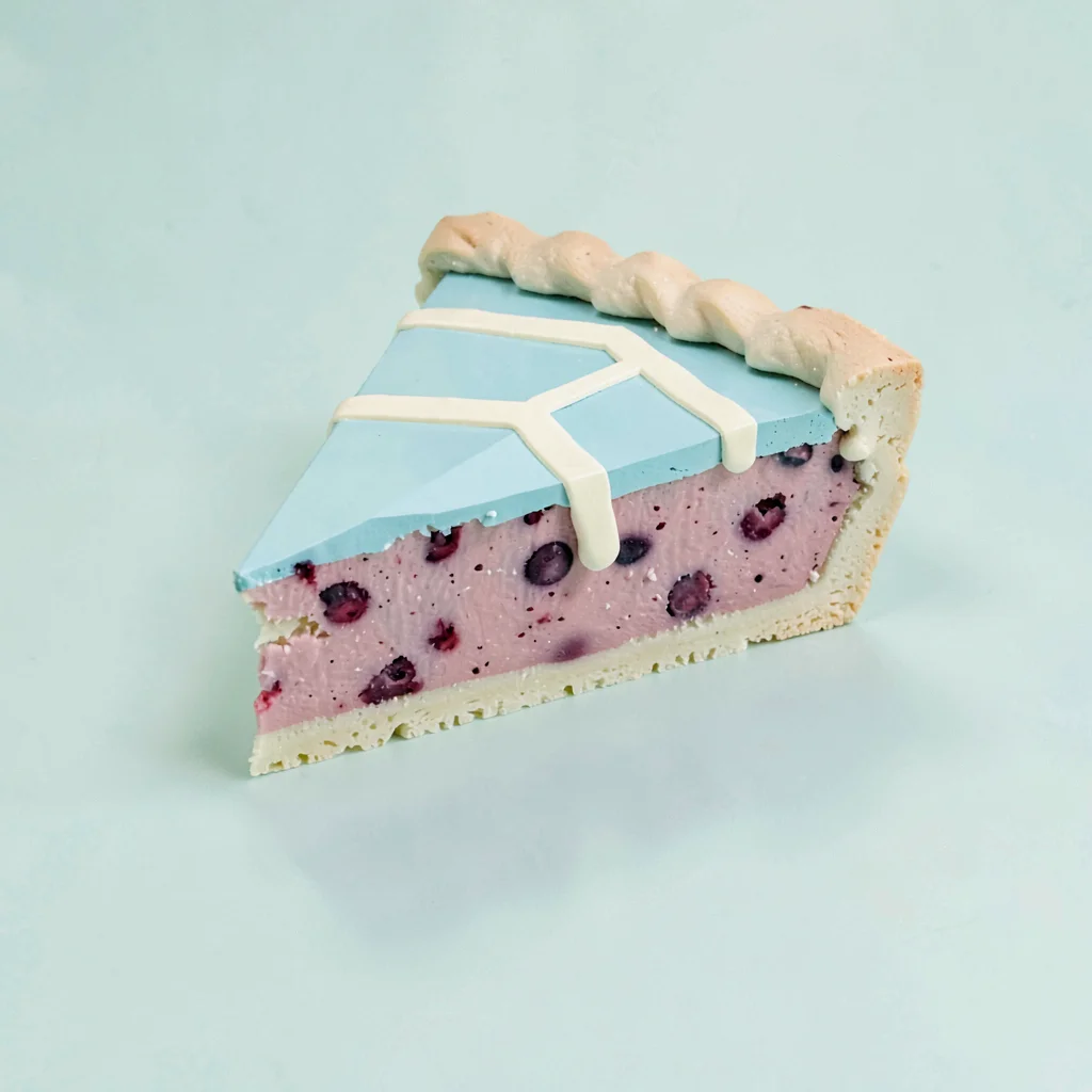 Wedged sky-blue lowpoly slice of pie with cream crust lattice and dusty-pink ber