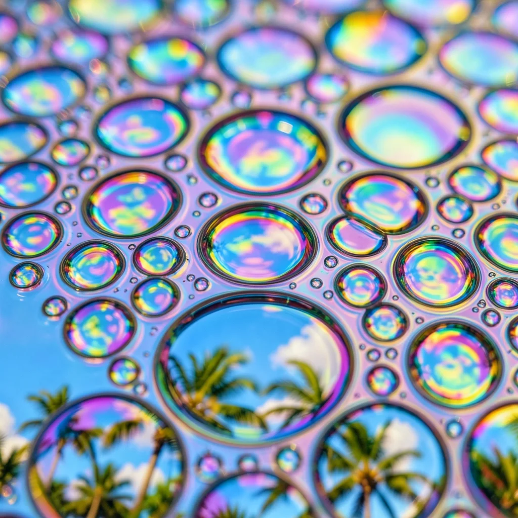 Oil drops on water reflecting summer sky and palm trees below, macro lens