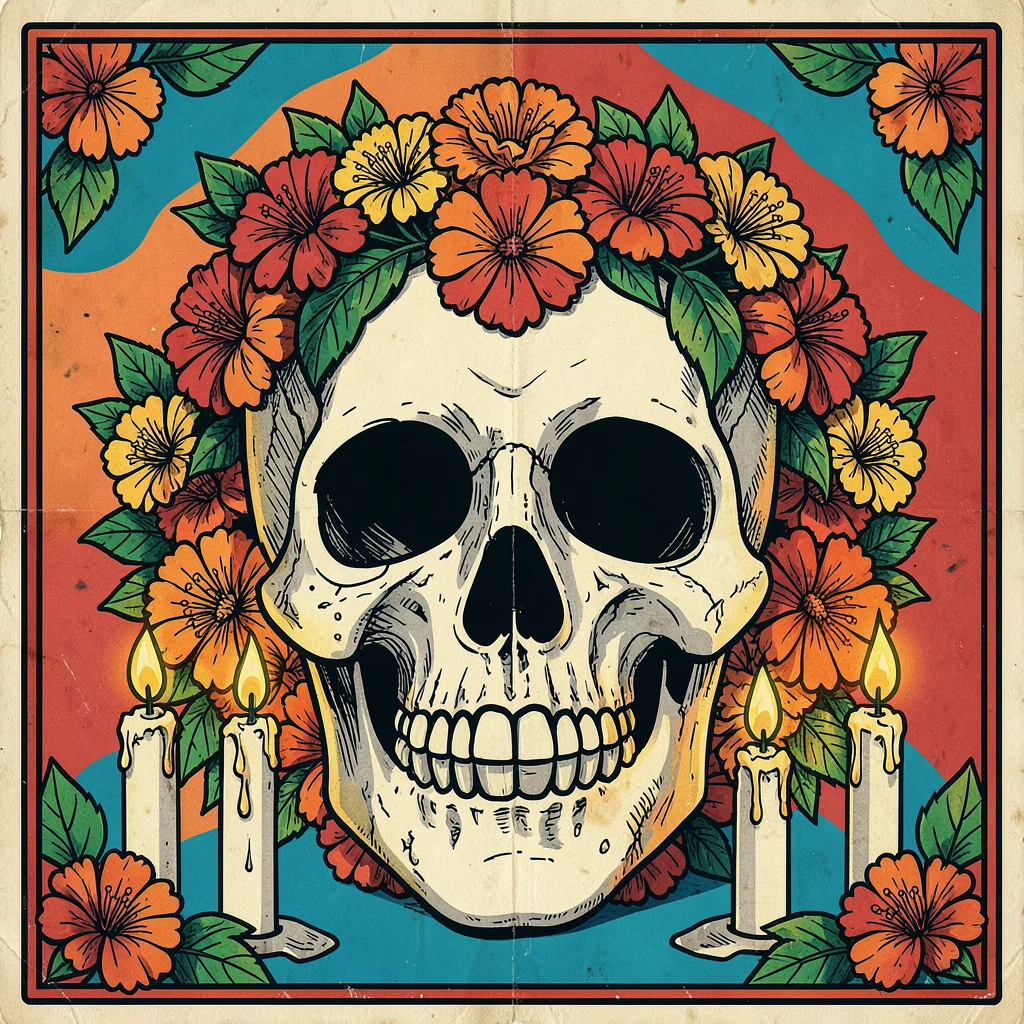 Mexican lotería card illustration, a skull decorated with marigolds and candles 