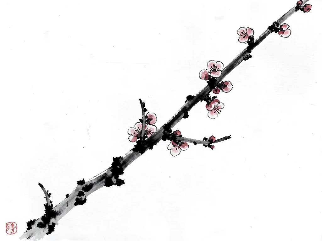 Plum branch with a few winter blossoms, strong diagonal across white paper