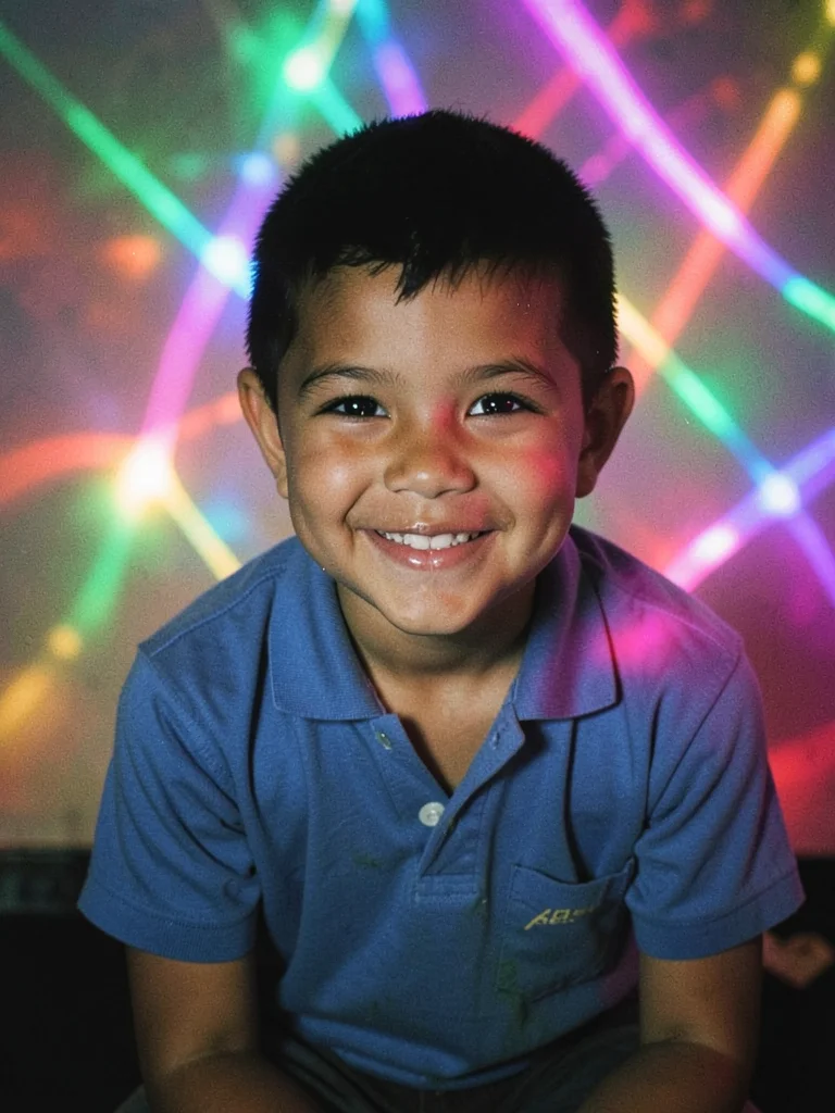 Kid sitting for school photo, laser background, cross-processed until eyes glow 