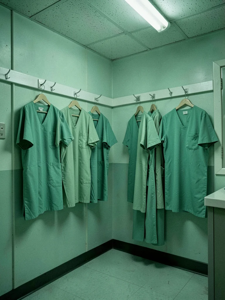 Surgical scrubs hanging on hooks, multiple shades of medical green