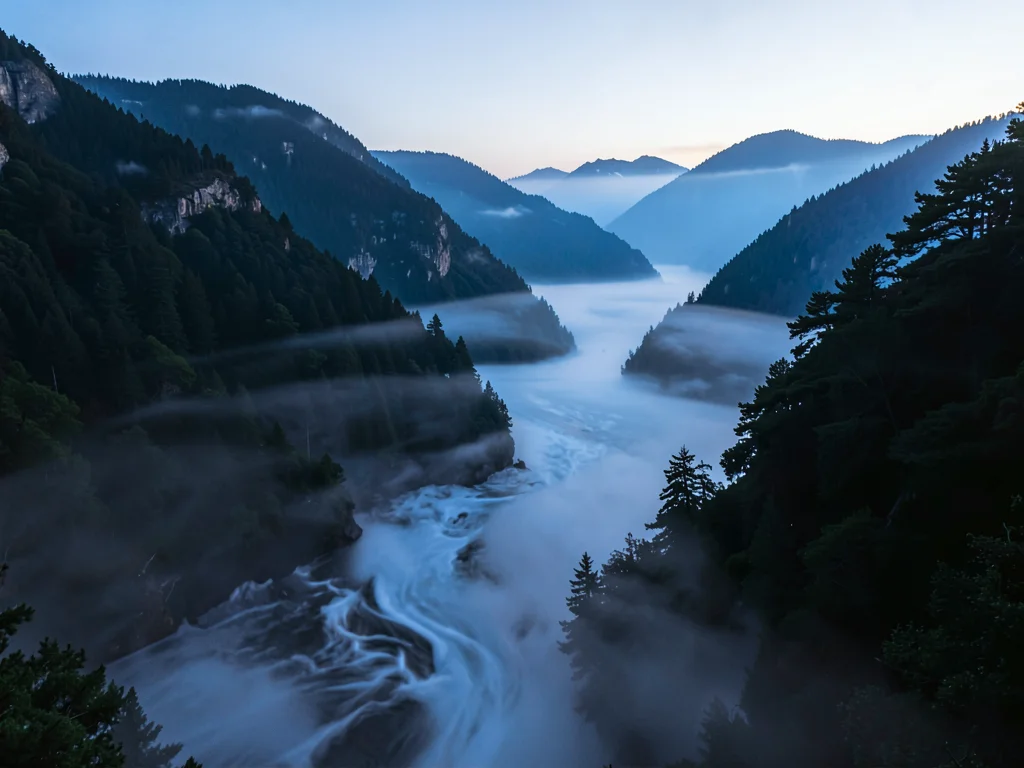 Fog waves spilling through mountain pass like water