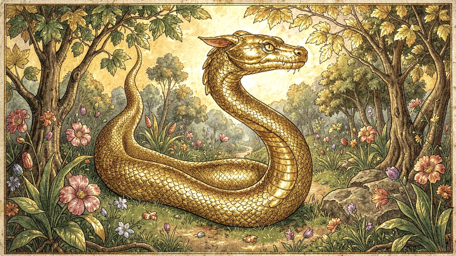 Gold leaf illuminated illustration, serpent in garden , burnished gold leaf area