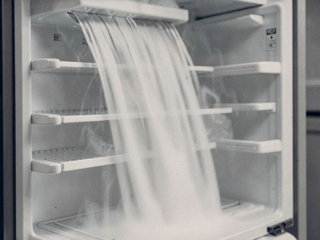 Cold air waterfall visible spilling from open fridge