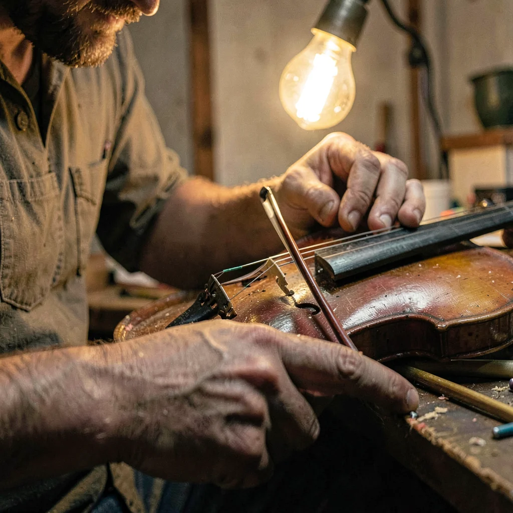 Hands-only lamp-line study of a luthier French-polishing a violin rib, warm bulb