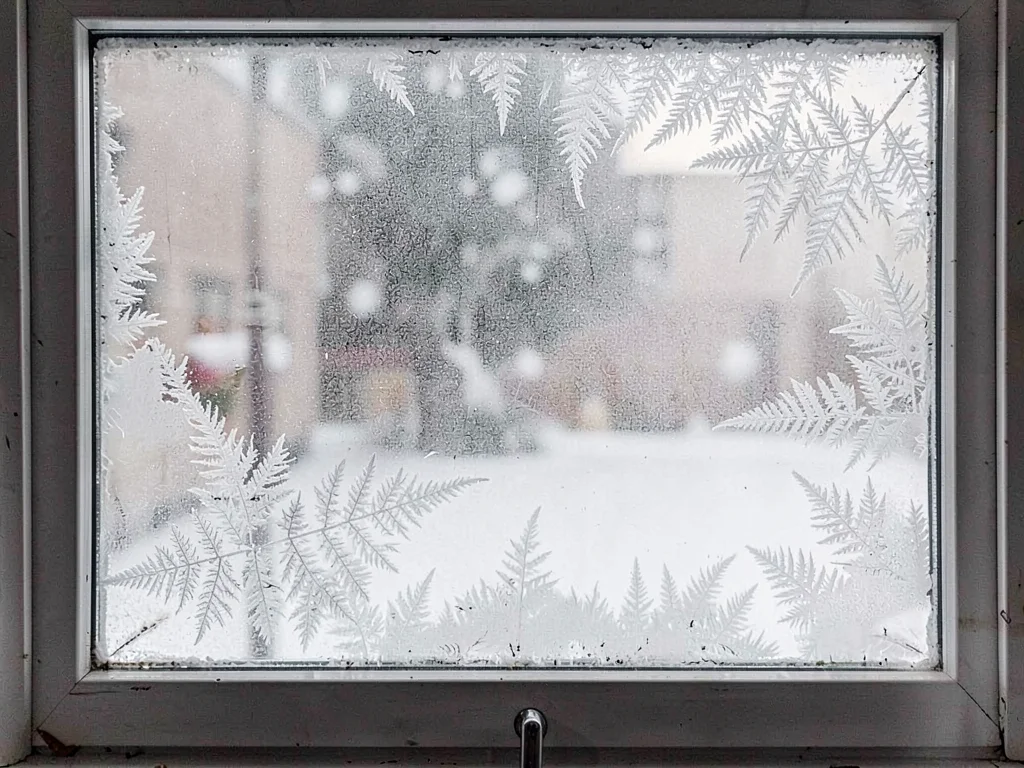Window frost ferns reaching from edges