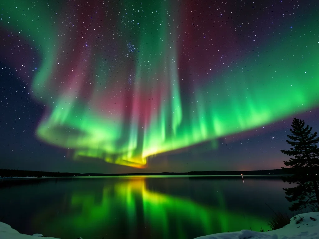 An aurora borealis curtain rippling across the entire sky, the vertical ray stru