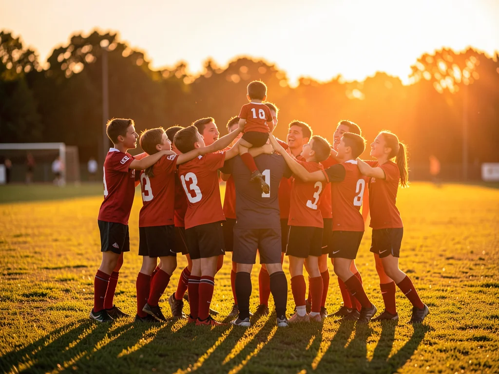Youth soccer team in celebratory huddle, golden hour making grass glow, coach li