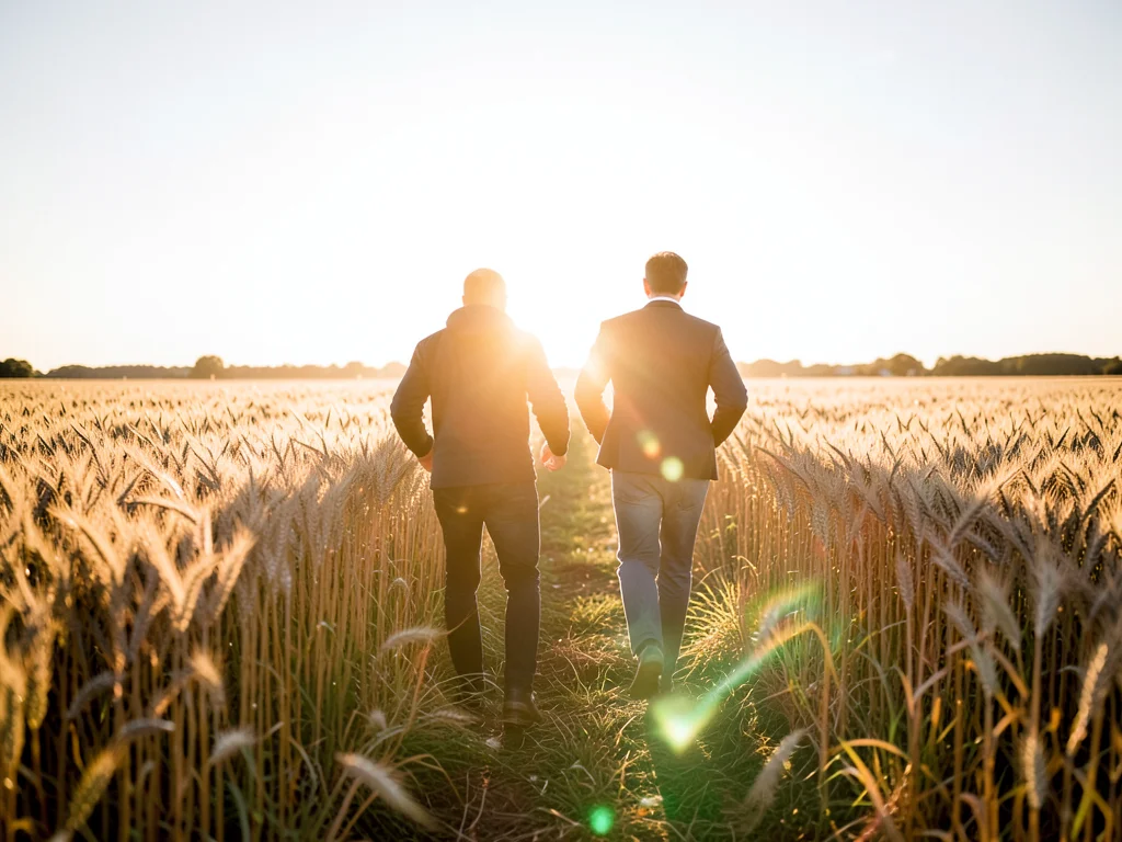 Couple running through wheat field, backlit by low sun, lens flare, wide angle