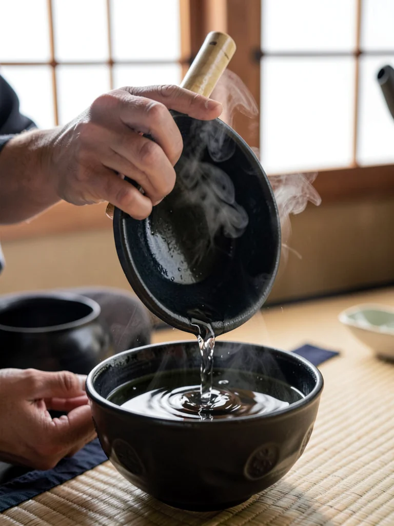 Raku chawan being rinsed with steam rising